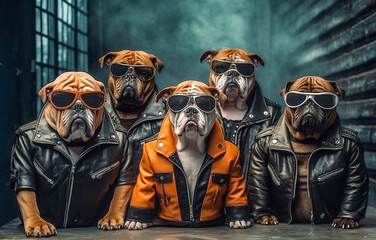 Creative animal concept. Gang family of bulldog dog puppy in biker leather outfits, commercial, editorial advertisement, surreal surrealism. Group shot.