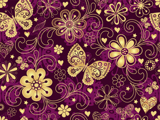 Vector valentines pattern with golden hearts and flowers and butterflies in doodle style on a purole background