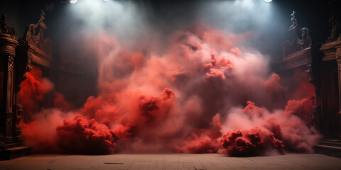 A dramatic theater stage enveloped in mystical red smoke under the spotlight, setting the scene for a powerful performance. - obrazy, fototapety, plakaty