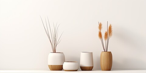 Minimalist interior design with wooden furniture and ceramic/glass vases holding dried plants on a white background. Template for mockup with a .