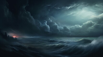 A stormy sea under a tumultuous sky, with waves crashing and dark clouds looming overhead.