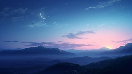 A tranquil early evening sky with soft shades of blue and a crescent moon rising in the distance.