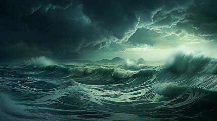 Fototapeta premium A stormy sea under a tumultuous sky, with waves crashing and dark clouds looming overhead.