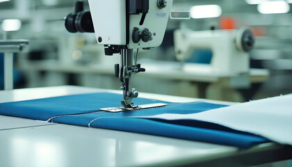 A close-up of a sewing machine stitching fabric together in a garment factory. Concept of fashion industry. 