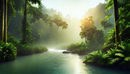 Fototapeta na wymiar Sunrise over the river in the forest. Beautiful nature landscape.