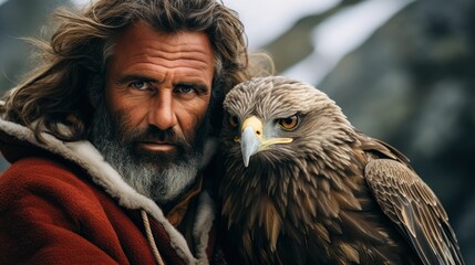 Bearded man with long hair holding majestic eagle - obrazy, fototapety, plakaty