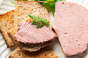 pate foie gras duck liver appetizer meal food snack on the table copy space food background rustic...