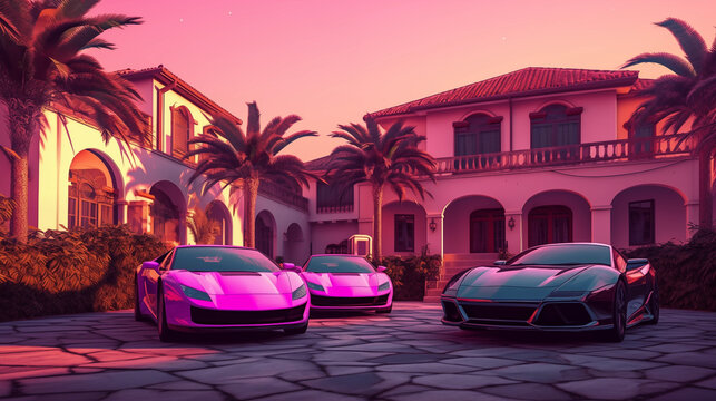 Villa and Luxury cars. Sport cars in courtyard near a luxury villa. Tropical Villa Resort. Party in Villa in Beverly Hills. Luxyry house in Miami. Supercars in California.  Holiday Rentals