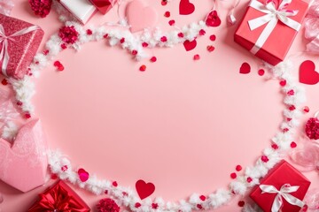 Template with a pink, red and white hearts, with a heart-shaped tree with pink, red and white flowers, garlands, gift boxes with copy space on pink background for celebration: Valentine’s Day, Mothers