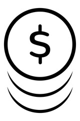 Coin icon. Cash symbol. Dollar currency, euro coin icon. Graphic of money for web, website or mobile app. Black linear icon, linear drawing silhouette of a coin. Cash collect symbol. PNG and vector
