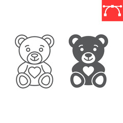 Teddy bear line and glyph icon, valentines day and gift, soft toy vector icon, vector graphics, editable stroke outline sign, eps 10.