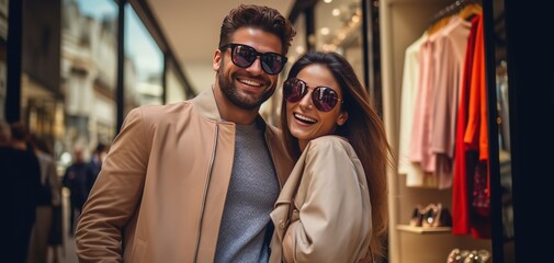 Fototapeta premium happy two man and woman couple in luxury mall, happy customers shopping together, Generative Ai