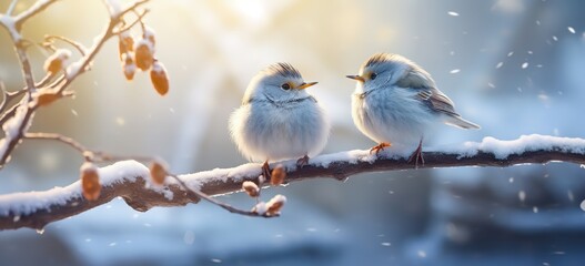 cute two bird perched on tree during winter time, Generative Ai