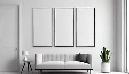 white room with a frame and white sofa. Generated in ai