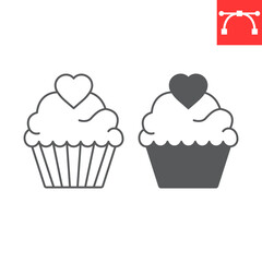 Cupcake with heart line and glyph icon, valentines day and sweet, muffin vector icon, vector graphics, editable stroke outline sign, eps 10.