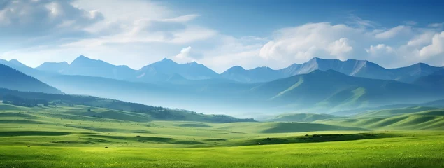 Crédence de cuisine en plexiglas Bleu beautiful nature landscape of green grass field with mountain behind, Generative Ai