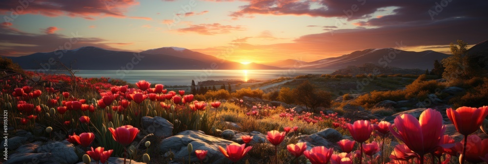 Poster a vibrant field of flowers bathed in the warm glow of a setting sun, creating a tranquil and picture