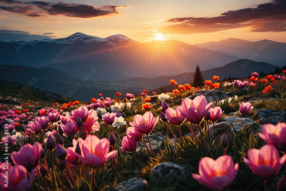 Wall mural A field of vibrant flowers swaying gently in the breeze as the sun dips below the horizon, casting a warm golden light over the landscape