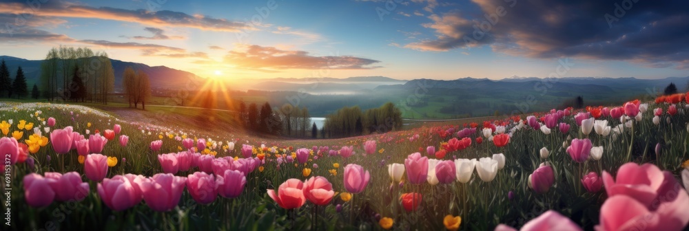 Aufkleber a mesmerizing field of colorful flowers basking in the warm glow of the setting sun, creating a pict