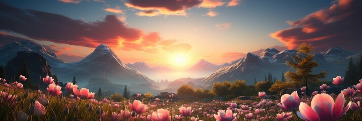 A serene painting featuring vibrant pink flowers swaying in a field, with snow-capped mountains looming gracefully in the distant horizon - obrazy, fototapety, plakaty