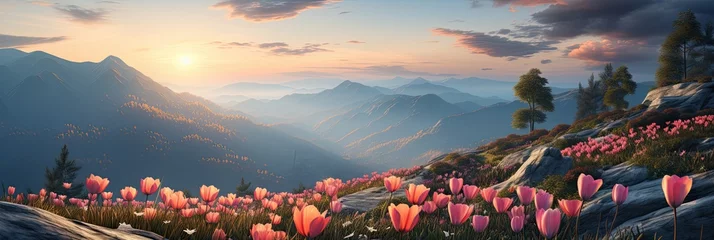 Fototapeten Majestic mountains rise above a field of vibrant pink flowers in this serene painting, creating a peaceful and picturesque scene © nnattalli