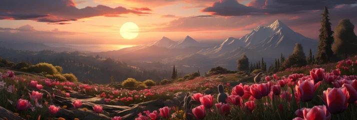 Fototapeten Spring  Easter panoramic landscape with a serene sunrise © nnattalli