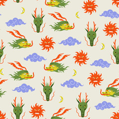 Colorful Seamless Pattern with Dragons. Chinese symbol. Modern trendy style