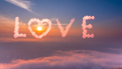 Love written i from clouds on sunset sky with a beautiful pink color of the sunset.