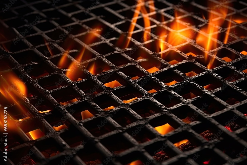 Poster Close-up of a grill with vibrant flames dancing and flickering out of it, creating a mesmerizing visual display