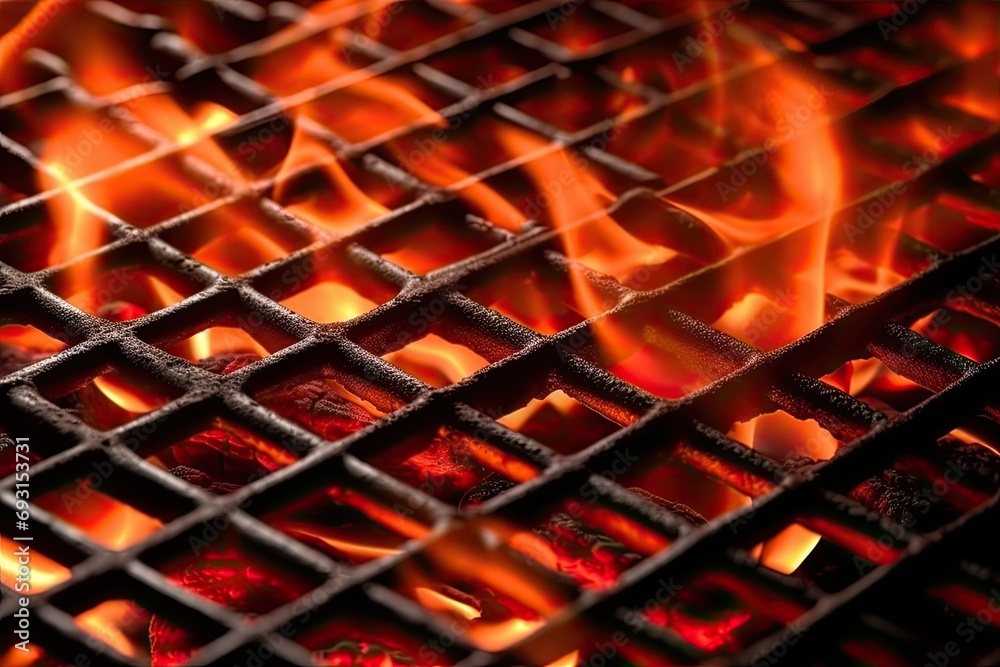 Poster fiery flames dance and flicker against the backdrop of a close-up of a grill, casting a warm and mes