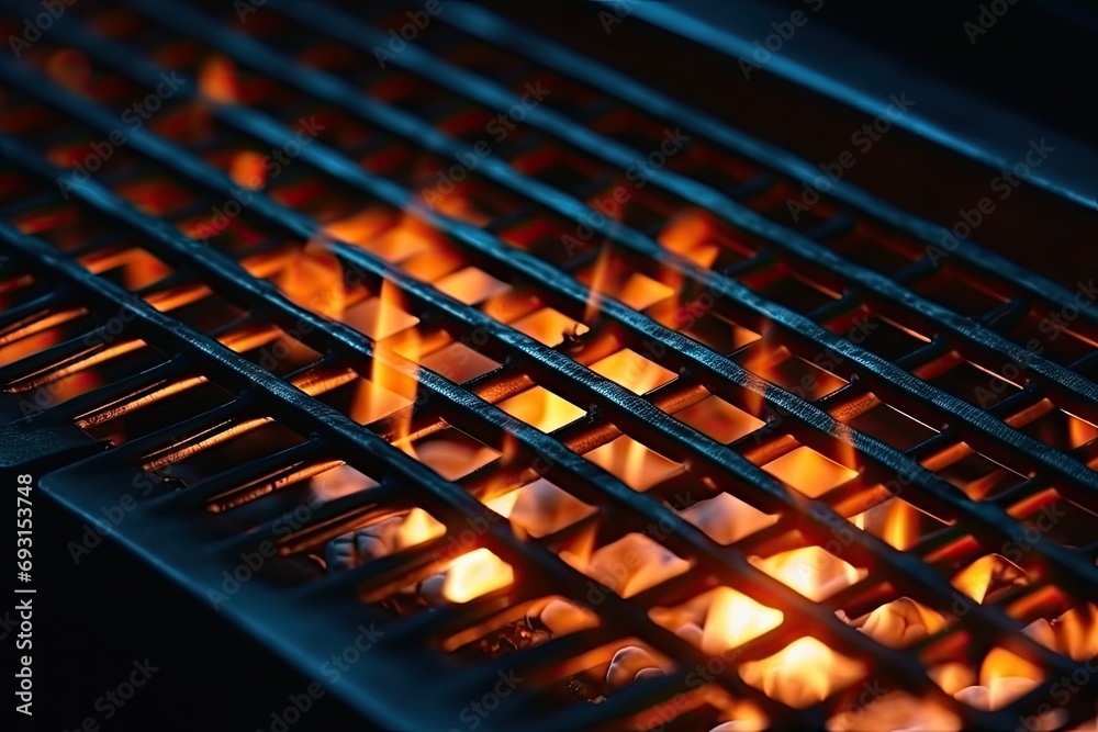 Poster intense flames lick the grates of a fiery grill, creating a mesmerizing display of heat and light