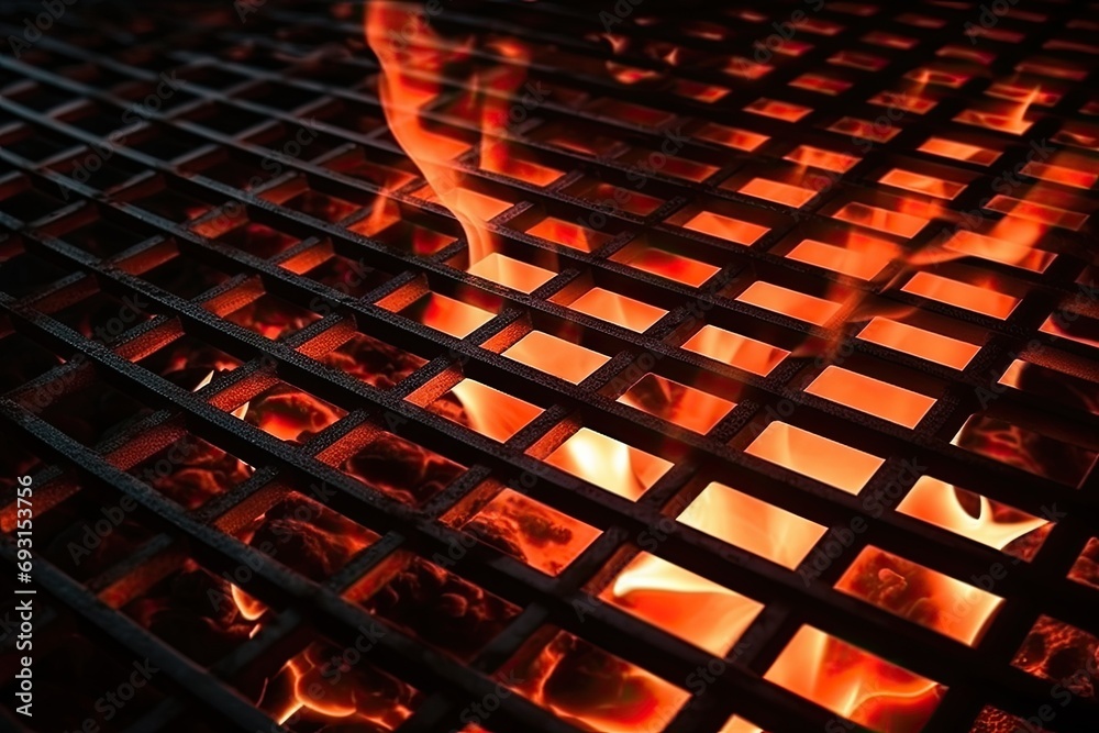Poster a close up of a grill ablaze with dancing flames, illuminating the metal grates and casting flickeri