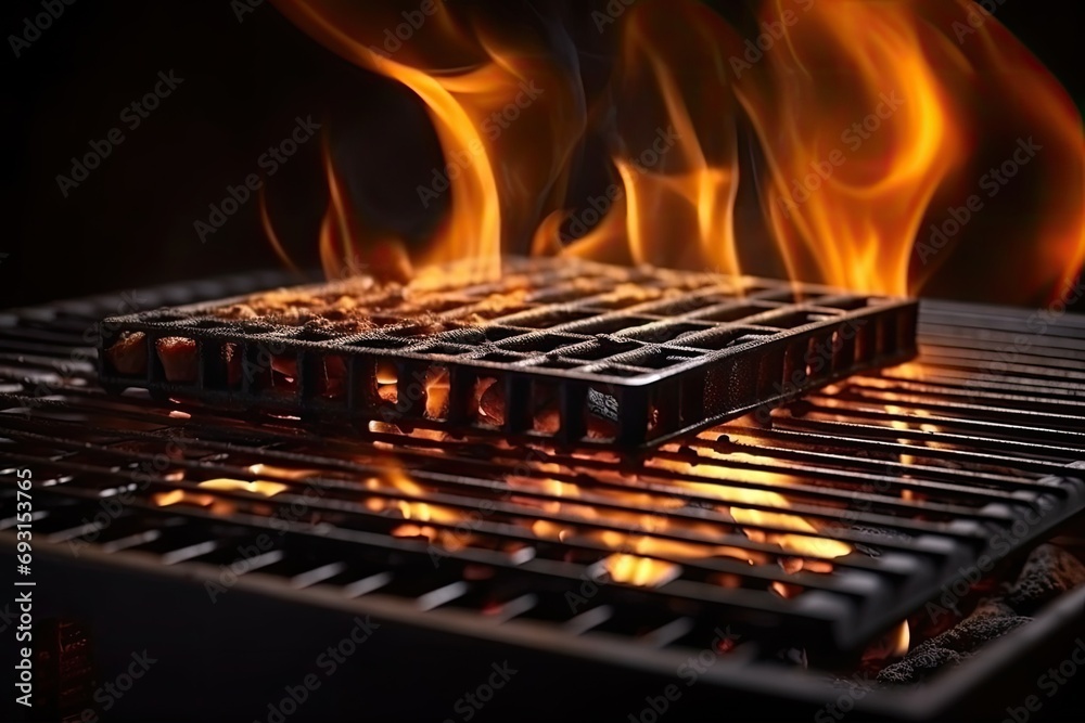 Poster a close-up view of a grill with flames shooting out, creating a mesmerizing display of heat and ligh