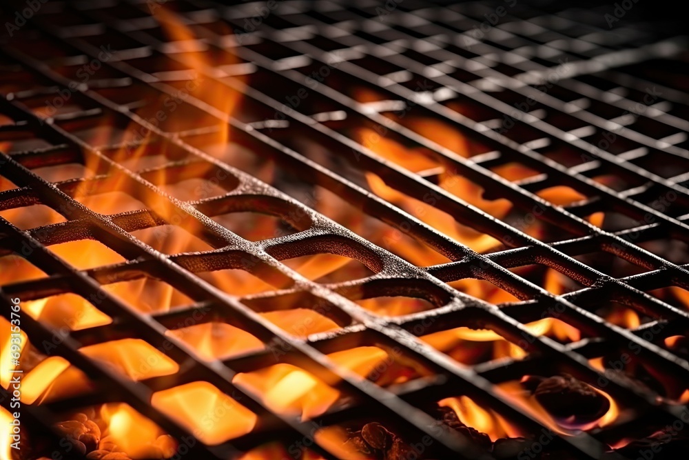 Poster The intense flames dance and flicker in a close-up view of a hot grill, creating a mesmerizing display of light and heat