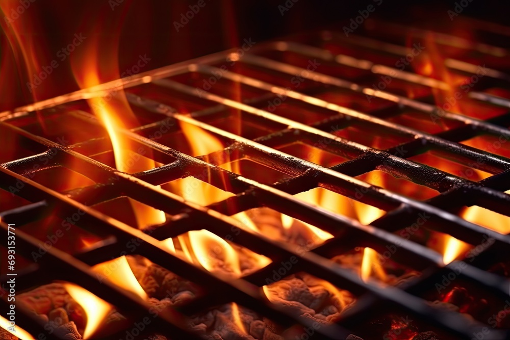 Poster A close-up view of a grill with vibrant flames flickering and dancing, creating a mesmerizing display of heat and light