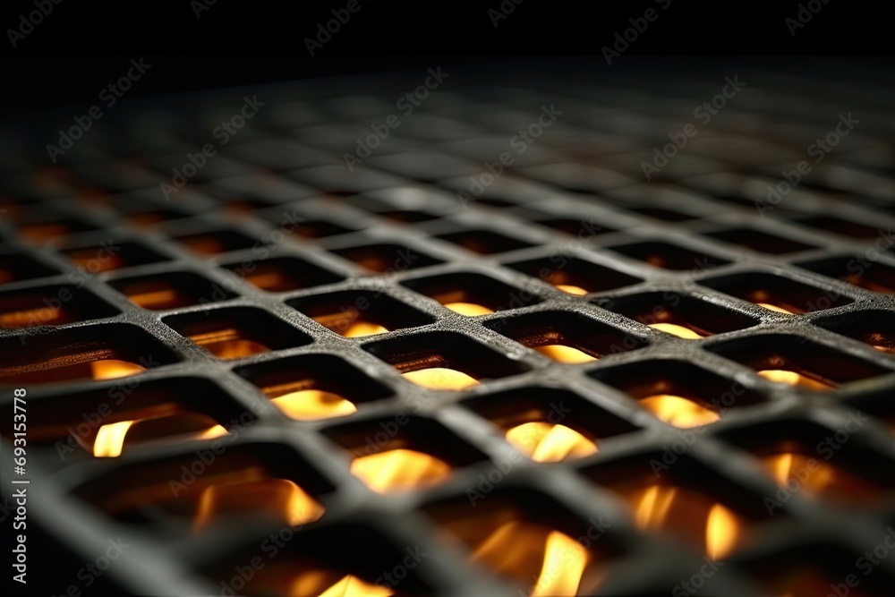 Poster a close-up view of a grill grate with intense flames dancing around, ready to sear and cook the food