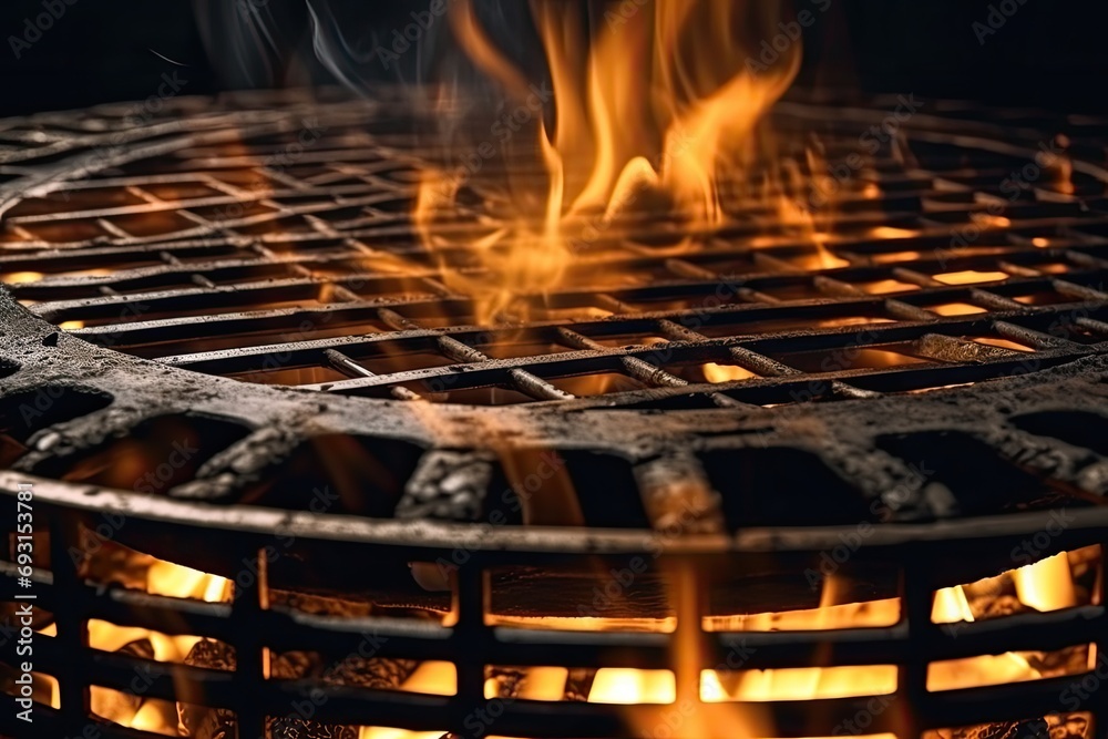 Poster close-up view of a grill with flames shooting out, creating a mesmerizing dance of light and shadows