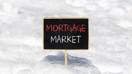 Mortgage market symbol. Concept words Mortgage market on beautiful black chalk blackboard. Beautiful white snow background. Business mortgage market concept. Copy space.