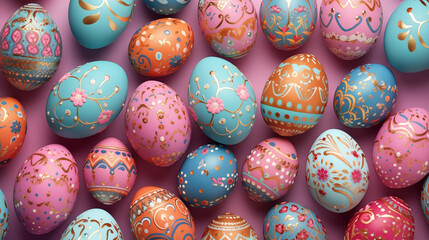 Colorful Easter Eggs decorated for easter party concept in a flat lay background color - Powered by Adobe