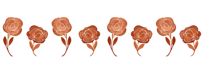 Blooming roses on a stem. Watercolor burnt umber flowers. Floral border