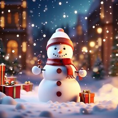 snowy snow man and presents christmas background cinematic lighting