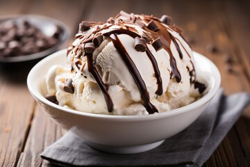 Ice cream scoops with chocolate syrup.