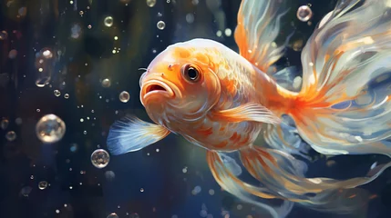 Fotobehang  A close up of a goldfish in an aquarium with bubbles © Ayyan