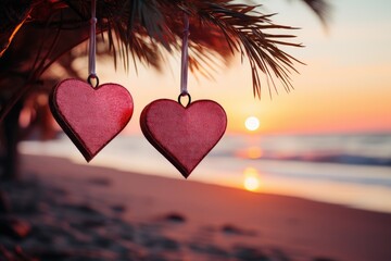 Two decorative hearts hanging on palm tree on the tropical beach