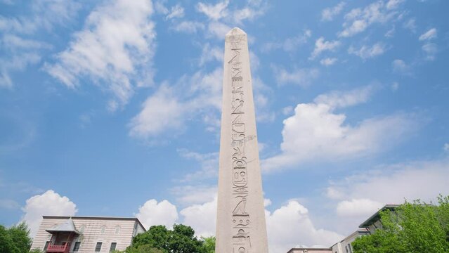 turkey Istanbul, May 2023: Obelisk of Theodosius (Dikilitas) with hieroglyphs in Sultanahmet Square, Istanbul, Turkey. Ancient Egyptian obelisk in Istanbul City
