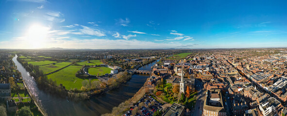 An aerial view of the town of Worcester in Worcestershire, UK
