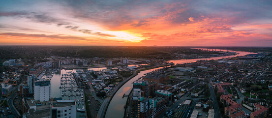 An aerial photo of the Wet Dock in Ipswich, Suffolk, UK at sunrise