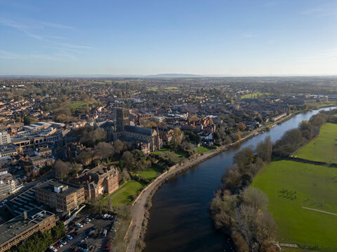 An aerial view of the town of Worcester in Worcestershire, UK