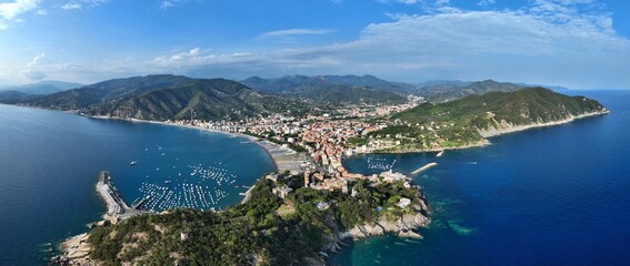 Panoramic fish eye aerial view of the Bay of Silence in Sestri Levante, a town in the Cinque Terre region of Liguria, Italy