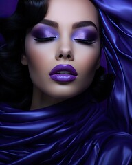 A woman wearing bold purple makeup and a matching shawl poses for the camera.